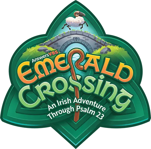 Emerald Crossing VBS Logo: An Irish Adventure Through Psalm 23, featuring a stone bridge, a sheep, and a shepherd's crook.